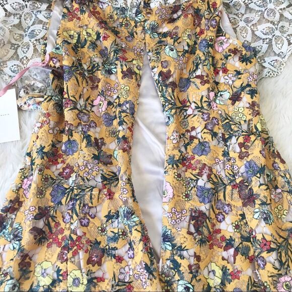 New ALEX MARIE Yellow Floral Lace Off The Shoulder Midi Dress Fit & Flare Size 2 - Picture 9 of 16